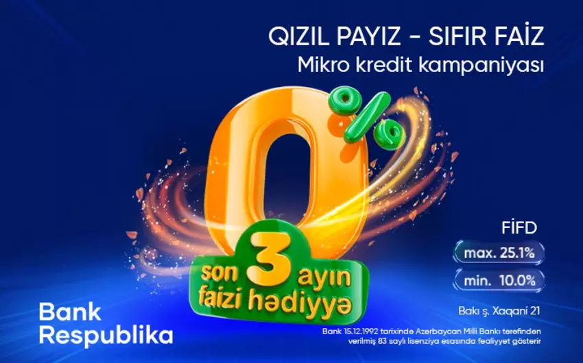 "Bank Respublika" “Qızıl Payız - Sıfır Faiz” mikro kredit kampaniyasına start verib