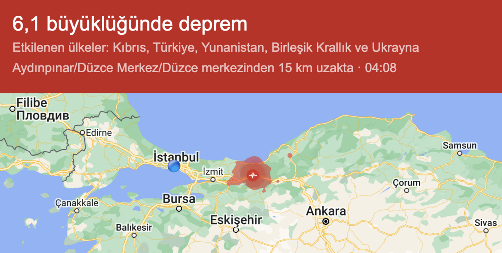 Google Düzcədə olan zəlzələnin bir sıra ölkələri də əhatə etdiyini bildirib