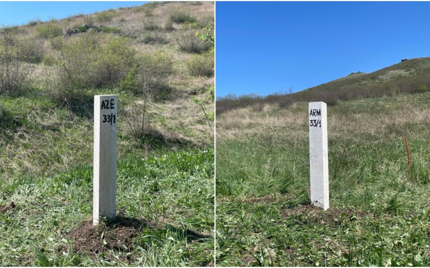 Azərbaycanla Ermənistan arasında ilk sərhəd dirəyi quraşdırıldı - FOTO