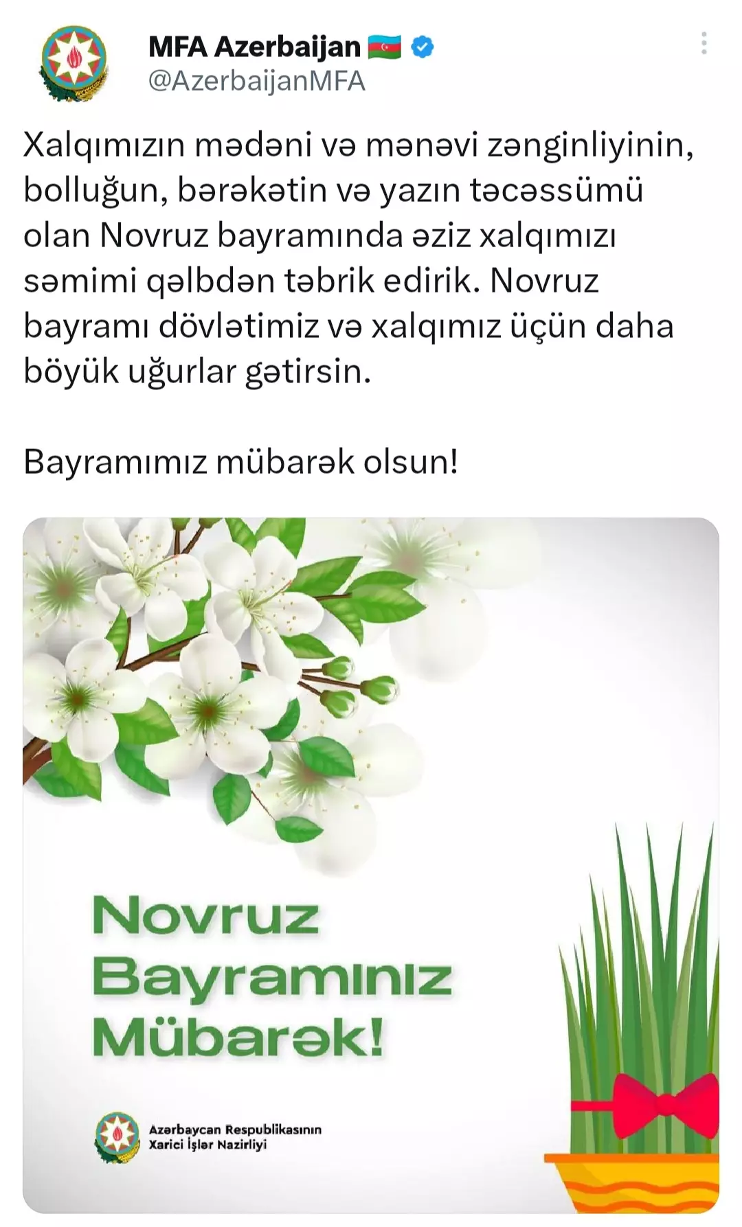 Azərbaycan XİN xalqı Novruz bayramı münasibətilə təbrik edib - FOTO