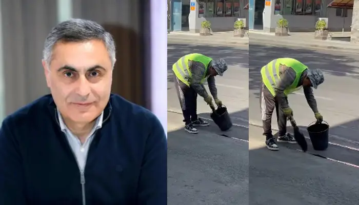 Ermənistanda yolun mazutlu süpürgə ilə təmir edilməsi lağa qoyulur - VİDEO
