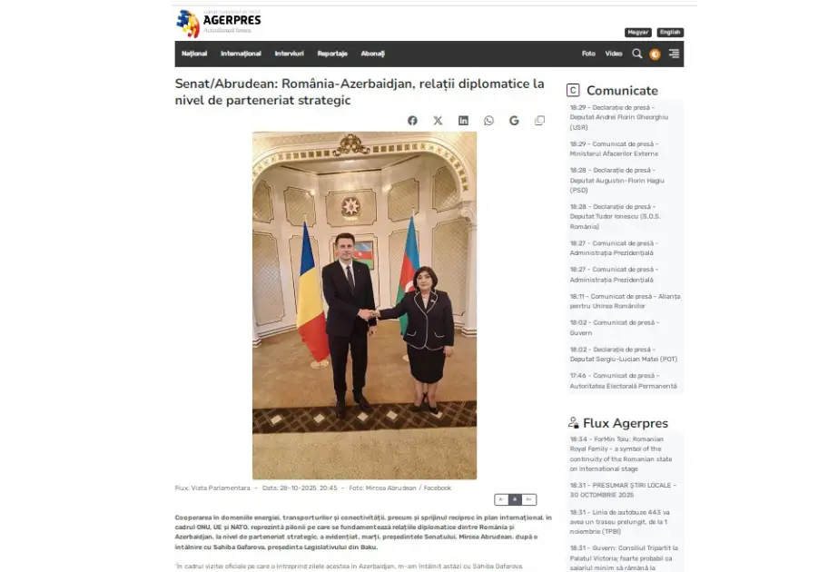 Abrudean: Azərbaycan regionda sabitliyin və enerji təhlükəsizliyinin əsas dayaqlarından biridir