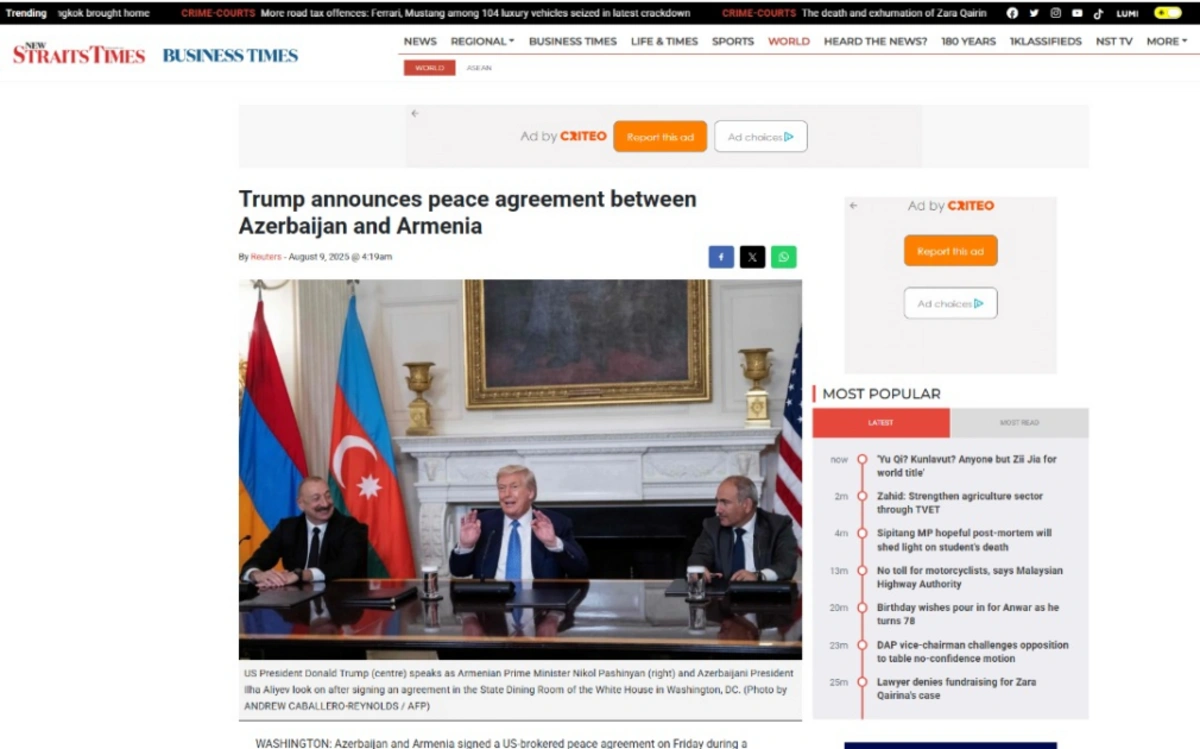 Tarixi sülh razılaşması Malayziya mətbuatında
